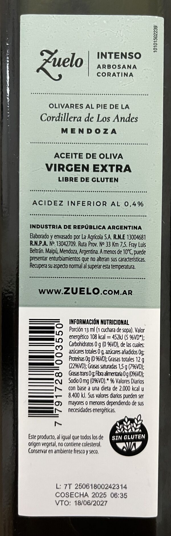 Aceite de oliva virgen extra intenso Arbosana Coratina x 500ml - Zuelo