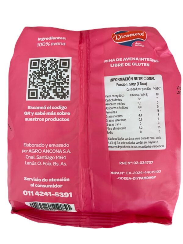 Harina de avena SIN GLUTEN integral x 350g - Dicomere
